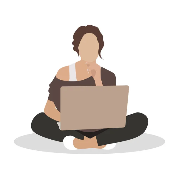  Kız oturuyor ve bir dizüstü bilgisayar üzerinde çalışıyor. Merkez ofis. Evde ya da serbest çalışıyorum. Genç bir kadın evde okuyor. Bağımsız çalışan birinin yaşam tarzı. Evde eğitim. Düz biçimli vektör illüstrasyonu.