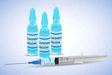  Coronavirus COVID-19 'a karşı aşı. Aşı şırıngası ve tıbbi tüpleri. COVID-19 koronavirüsünün tedavisi. Vektör illüstrasyonları