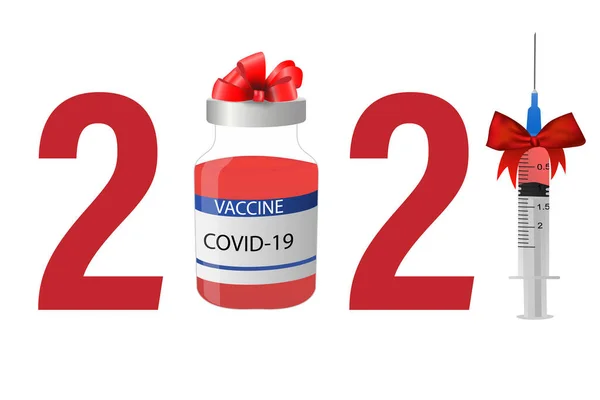  Aşıların yapıldığı yıl, 2021. Covid-19 pandemik aşı konsepti 2021 yılında mevcut olacak. Şırınga, iğne, aşı şişesi ve metnin vektör çizimi.