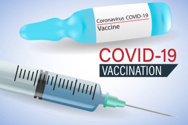  Covid-19 'a karşı aşı vektörü. Tek kullanımlık ampul ve şırınga. Covid-19 Coronavirus aşısı için. Vektör illüstrasyonu.