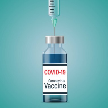  Aşı kavramı. Covind-19 koronavirüsüne karşı aşı, aşı şişesi ve kovid19 bağışıklık tedavisi için şırınga. Vektör illüstrasyonu.