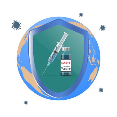  Koronavirüse karşı koruma. Dünya çapında koruma kavramı. Coronavirus Ncov-19 'a karşı aşı. Kalkanda bir şırınga ve bir şişe aşı var. Koronavirüsün tedavisi