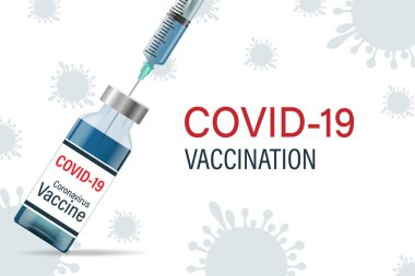  Koronavirüs aşısının vektör geçmişi. Covind-19 koronavirüsüne karşı aşı, aşı şişesi ve kovid19 bağışıklık tedavisi için şırınga. Vektör illüstrasyonu.