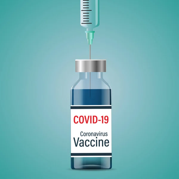 ワクチン接種の概念 ワクチンボトルとコニドウイルス19の予防接種のための注射器とのコニドウイルス19に対するワクチン接種 ベクターイラスト — ストックベクタ