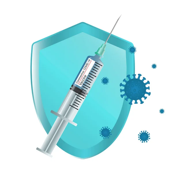 疫苗接种的概念 免疫接种运动 预防Covid 19的疫苗接种 健康和安全 带疫苗的注射器和带防护罩的病毒矢量图解 — 图库矢量图片
