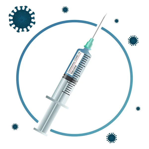 疫苗接种的概念 免疫接种运动 预防Covid 19的疫苗接种 健康和安全 一个注射器 里面有一个圆形的疫苗和一个病毒 矢量图解 — 图库矢量图片