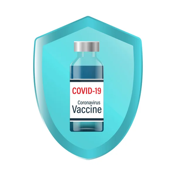 Covid 19コロナウイルスワクチン コロナウイルスからの保護 シールドにワクチンのボトル — ストックベクタ