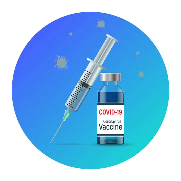 コロナウイルスCovid 19に対するワクチン 円の中で注射器とワクチンのボトル Covid 19コロナウイルスの治療 ベクターイラスト — ストックベクタ