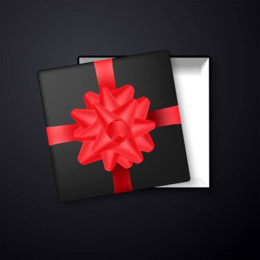   Hediye kutusu. Kırmızı kurdeleli ve üst görüşlü gerçekçi kara kutu.