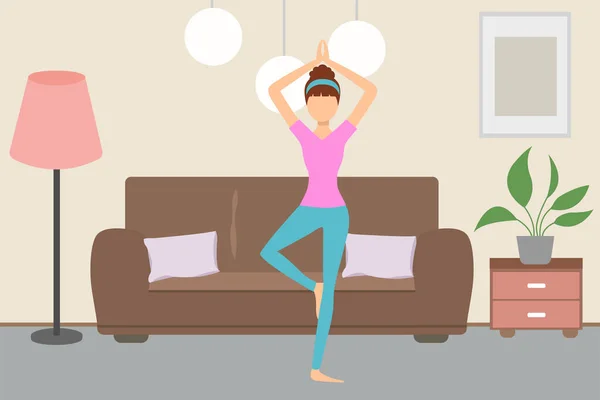 Het Meisje Doet Thuis Yoga Het Concept Van Een Gezonde — Stockvector