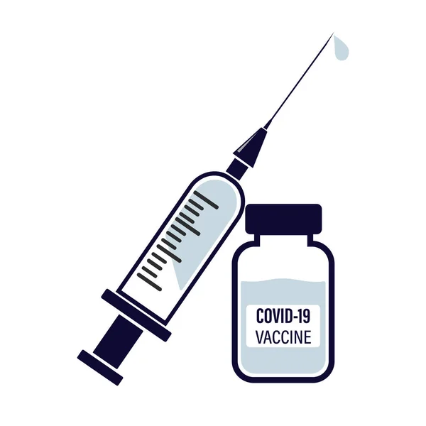 Covid Vaccin Platte Vectorillustratie Coronavirusvaccin Covid Spuit Injectieflacon Met Vaccin — Stockvector