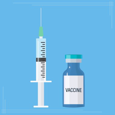  Pandemik aşı şişesi ve şırınga için vektör tıbbi ikonu. Covid-19 aşı ve şırınga görüntüsü. Mavi zemin üzerinde antiviral bir aşı tasviri. Düz vektör çizimleri.