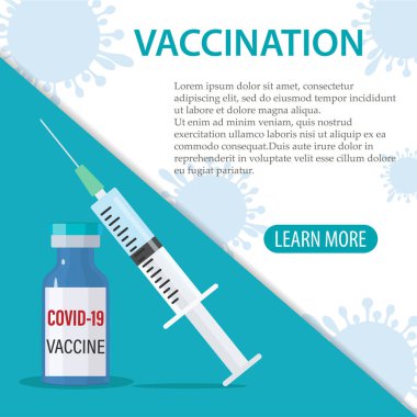  Aşı desenli bir pankart. Covid-19 'a karşı aşıların vektör geçmişi. Covid19 Coronavirus aşısı şişeleri ve aşı için enjeksiyon aletleri.