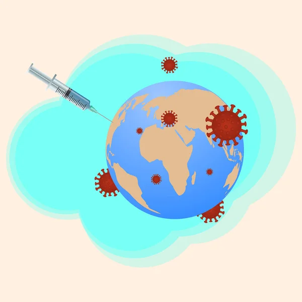 Coronavirus疫苗的概念 疫苗注射器和针头安装在地球上的地图上 周围有红色的Coronavirus病原体Covid — 图库矢量图片