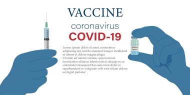 Coronavirus COVID-19 'a karşı aşı. Koronavirüse karşı aşı ve aşı, COVID-19, virüs, grip. Doktorun, hemşirenin, bilim adamının mavi eldivenlerinde ampul ve şırınga var. Vektör