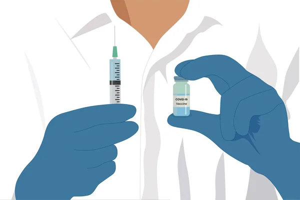 疫苗的概念 在一名医生的手中 已经研发出了一种对抗Covid 19的疫苗 一个医疗瓶的验尸疫苗和一个注射器 Ncov 19冠状病毒的治疗 — 图库矢量图片