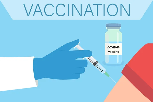 医生用注射器给病人注射Covid 19疫苗时的一只手 安培尔和注射器与药物 疫苗接种的概念 平面样式的矢量图解 — 图库矢量图片