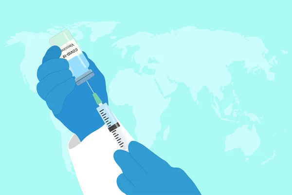 开发和制造预防Covid 19的疫苗 设计由医生的手与医用手套持有疫苗瓶和注射器 预防疫苗的概念 — 图库矢量图片
