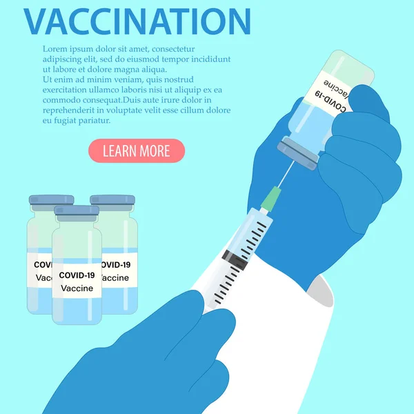 予防ワクチンの概念 ワクチンとコロナウイルスに対する予防接種 Covid インフルエンザウイルス 医師の手によるデザインワクチンボトルと注射器を保持する医療用手袋 — ストックベクタ