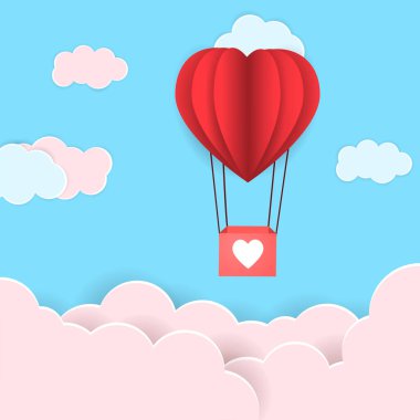 Kalp balonu ve bulutlarla sevgililer günü aşkı ve illüstrasyon. Kırmızı origami tarzı balon bulutlu gökyüzünde uçuyor. Sevimli aşk afişi ya da tebrik kartı. Vektör illüstrasyonu