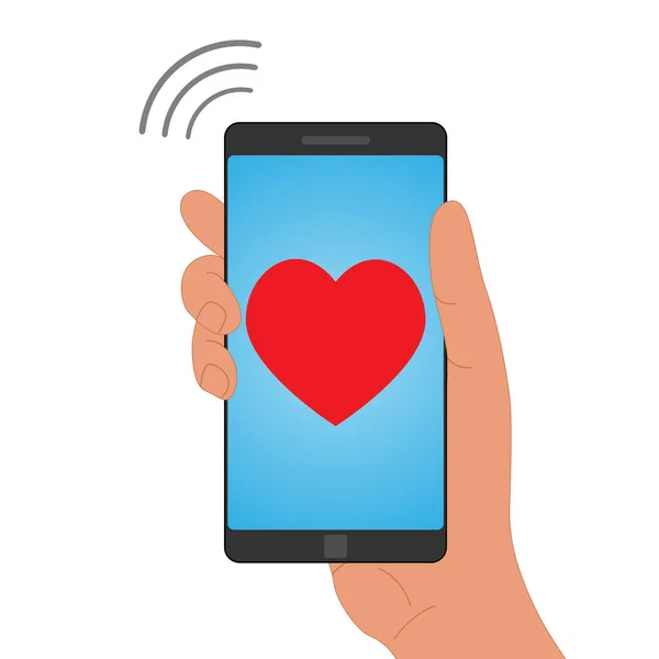 Aşk mesajı gönderme konsepti. Kalbi olan el ele tutuşan bir telefon. Beyaz arka plan. Düz stil. Vektör illüstrasyonu.