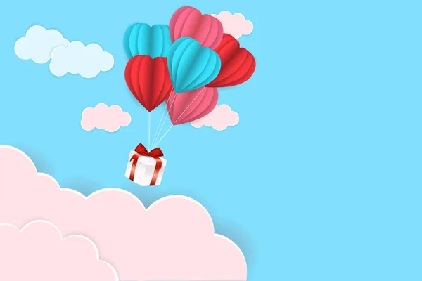 Love Valentines Day Illustration Heart Balloon Gift Clouds White Gift — Stock Vector