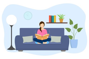   Kanepede oturup kitap okuyan genç bir kadın. Düz vektör çizimi.