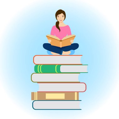    Elinde açık bir kitapla kitap yığınının üzerinde oturan bir kızın vektör çizimi. Kazanç, uzaklık öğrenme ve kendini eğitme kavramının yansıması. Genç kız öğrenci karakteri