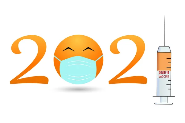 ワクチンの年 2021バナーテンプレートは マスクとCovid 19ワクチン用注射器の笑顔の顔から2021のシンボルです 2021年に利用可能なCovid 19パンデミックワクチンの概念 — ストックベクタ