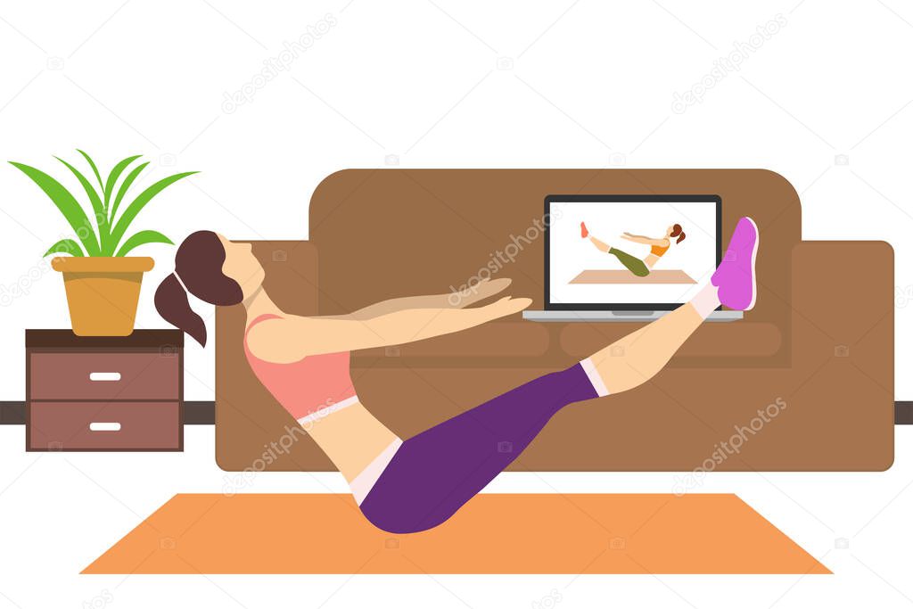 Stay at home concept. The girl watches online classes on a laptop, does fitness. Live broadcast, online education. A woman does exercises in a cozy modern interior. Vector illustrations