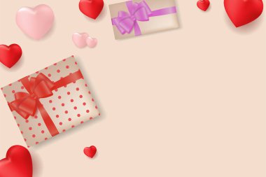 Bir kalbi, hediye kutusu ve gerçek bir kompozisyonu olan bir moda afişi, poster ya da mesaj için yeri olan bir tebrik kartı.