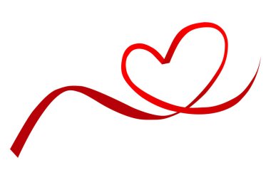 Beyaz arka planda kalbi olan kırmızı kurdele. Kırmızı kalp şeklindeki çizgi, dekorasyon için kırmızı kalp şeklinde kurdele Sevgililer Günü kartı.