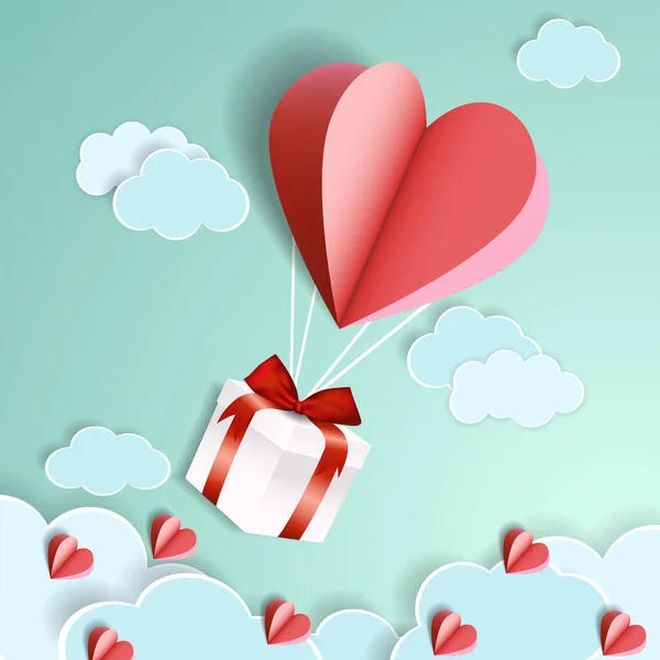 Illustration Amour Forme Coeur Ballon Volant Avec Coffret Cadeau Dans — Image vectorielle