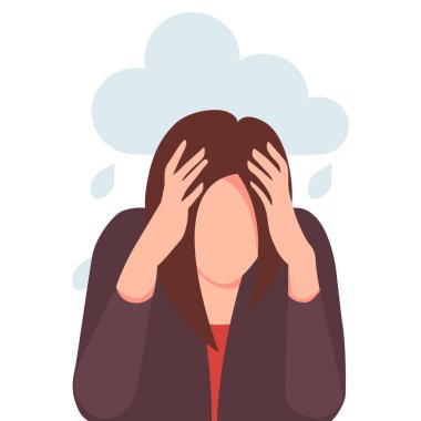 Üzgün, mutsuz genç bir kadın başını ellerinin arasında tutuyor. Psikoloji, depresyon, kötü ruh hali, stres. Düz vektör çizimleri.