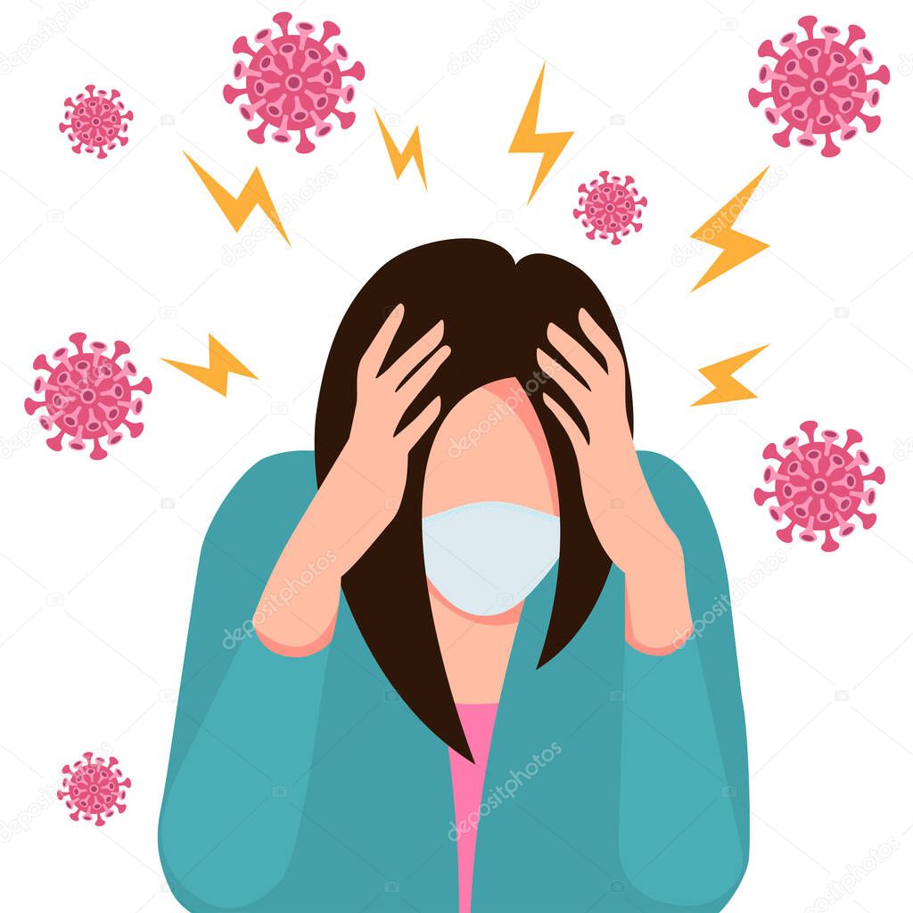 Pandemic fatigue. A woman in a medical mask who clutched her head with both hands. Covid 19 causes headaches, panic, fright, and depression. Stress, irritation from the coronavirus, bad mood