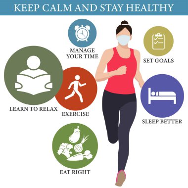 Salgın sırasında sakin ve sağlıklı kalın. Maskeli bir kız koşuyor. Acil durumlar ve bilgi grafikleri sırasındaki stres ve endişeyi yönetmek. Vektör illüstrasyonu