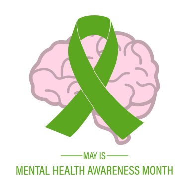 Tıbbi Bakım Tasarımı. Mayıs 'ta Akıl Sağlığı Bilinci Ayı. Birleşik Devletler 'de yıllık kampanya. İnsan beyninin siluetinin arka planında yeşil kurdele var. Beyaz arka plan. Vektör illüstrasyonları.