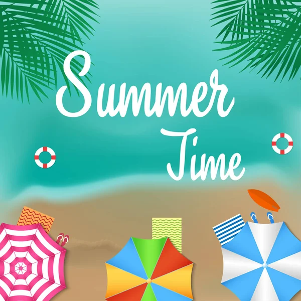 Die Sommerzeit Strandhintergrund Von Oben Mit Sonnenschirmen Sandalen Und Dem — Stockvektor