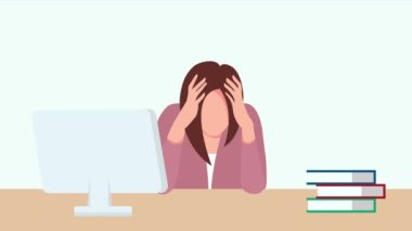 İş kadını yorgun ve batarya seviyesi düşük hissediyor. Bir kadın masasında oturuyor ve kafasını ellerinin arasında tutuyor. Beyaz arkaplan