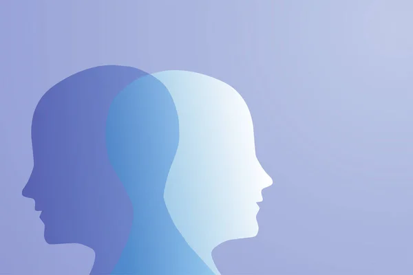 精神双相障碍的隐喻 分裂的个性 情绪紊乱的概念 二元人格的概念 2蓝色渐变背景上的头部轮廓 精神健康 — 图库矢量图片