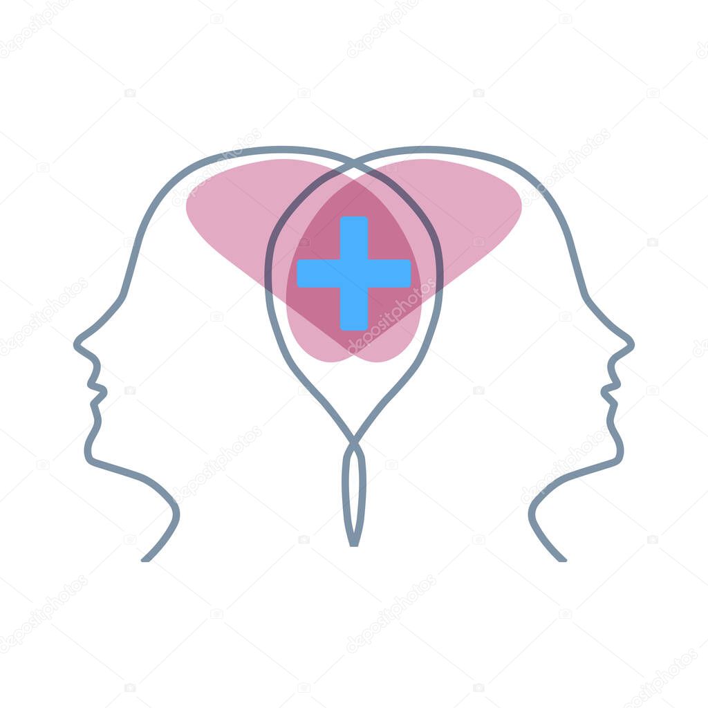 A head icon for bipolar disorder with a sum sign on a white background. Contoured silhouette of a person's head profile, split personality, mental health. Vector illustration