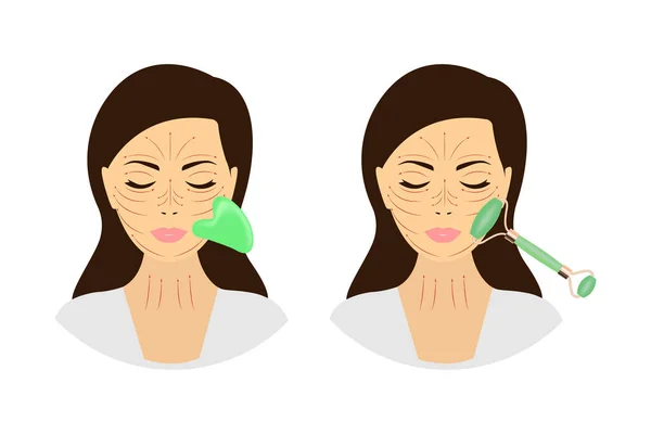 Una Mujer Con Rodillo Jade Rascador Piedra Gua Sha Yoga — Vector de stock