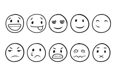 Bir dizi yuvarlak vektör yüzleri, farklı duygular. Bir grup emoticonlar şirin, doğrusal ifade tarzı. Beyaz arkaplanda siyah