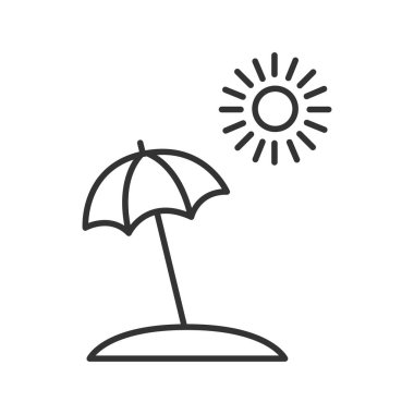 Plaj şemsiyesi ve güneş hattı ikonu, yaz konsepti, beyaz arka planda şemsiye işareti, mobil konsept ve web tasarımı için güneş şemsiyesi ikonu. Vektör grafikleri