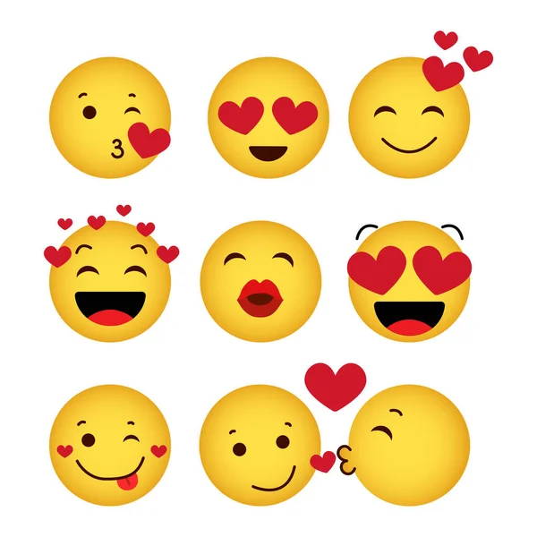 Conjunto Emoticons Engraçados Amorosos Amarelos Emoticons Humorísticos Com Corações Emoticons — Vetor de Stock