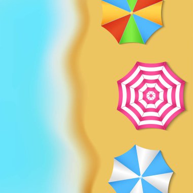 Dalgalar ve şemsiyelerle dolu bir sahil. Üst manzara, solda deniz, sağda kum ve şemsiyeler. Vektör illüstrasyonu