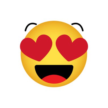 Gözler yerine kalpler olan aşk simgesi, beyaz arka planda gülümseyen sarı yüz, vektör simgesi