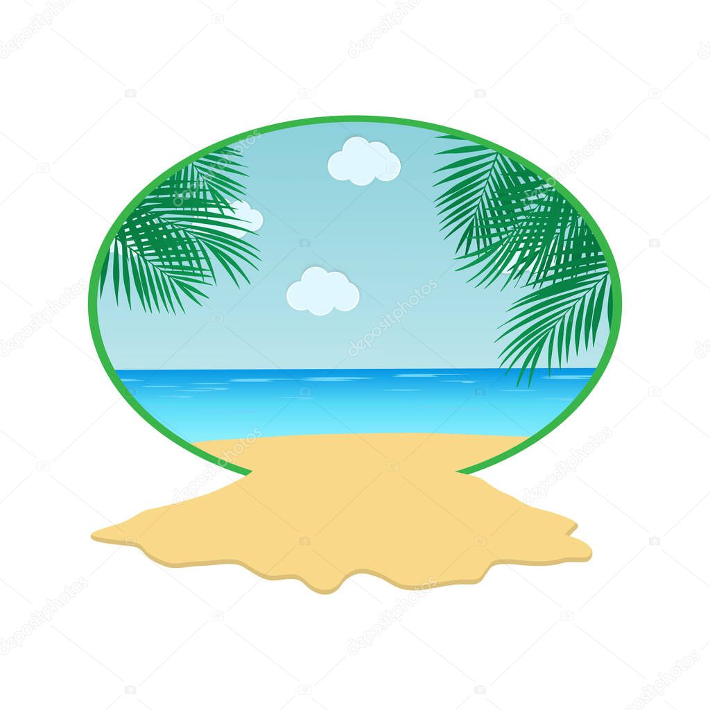 Summer trip. A beautiful seascape, summer holidays in a round frame, sand flows out of it. Vector design. White background