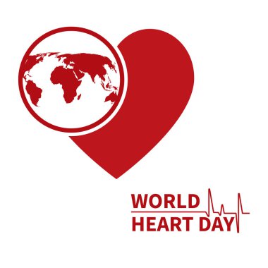 Kalp Sağlığı Günü. Dünya Kalp Günü Vakfı için bir illüstrasyon, poster ya da afiş. Kırmızı bir kalp ve daire şeklinde bir dünya haritası. Beyaz arka planda izole edilmiş bir dünya kalp günü. Düz stil. Vektör