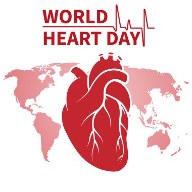 Dünya Kalp Günü temalı vektör illüstrasyonu, 29 Eylül 'de dünya çapında her yıl kutlanıyor. Kalp, bir iç organ, dünya haritasının arka planına karşı. Yazı: Dünya Kalp Günü